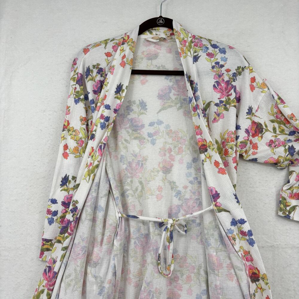 Soft Surroundings Bath Robe Size M White Multi Floral Belted Pockets Stretch - Picture 6 of 11